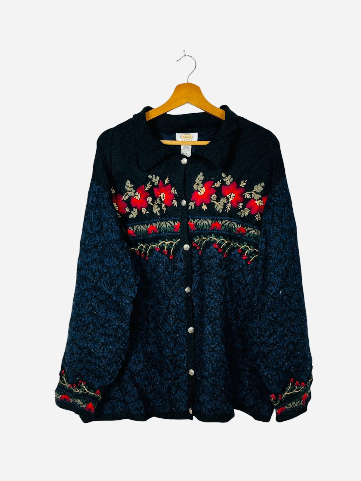 Pull Cardigan Vintage à Fleurs Noël Gilet Rouge & Noir - L (A404)
