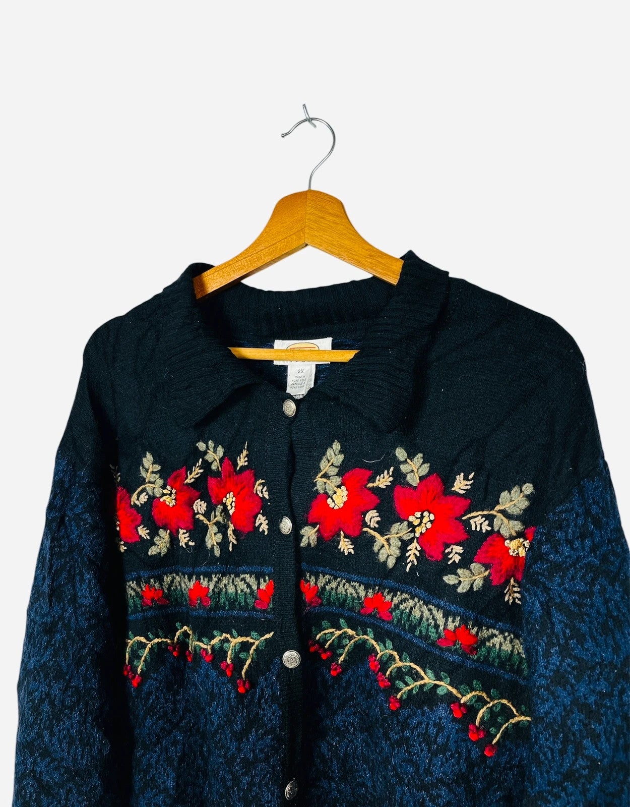 Pull Cardigan Vintage à Fleurs Noël Gilet Rouge & Noir - L (A404)