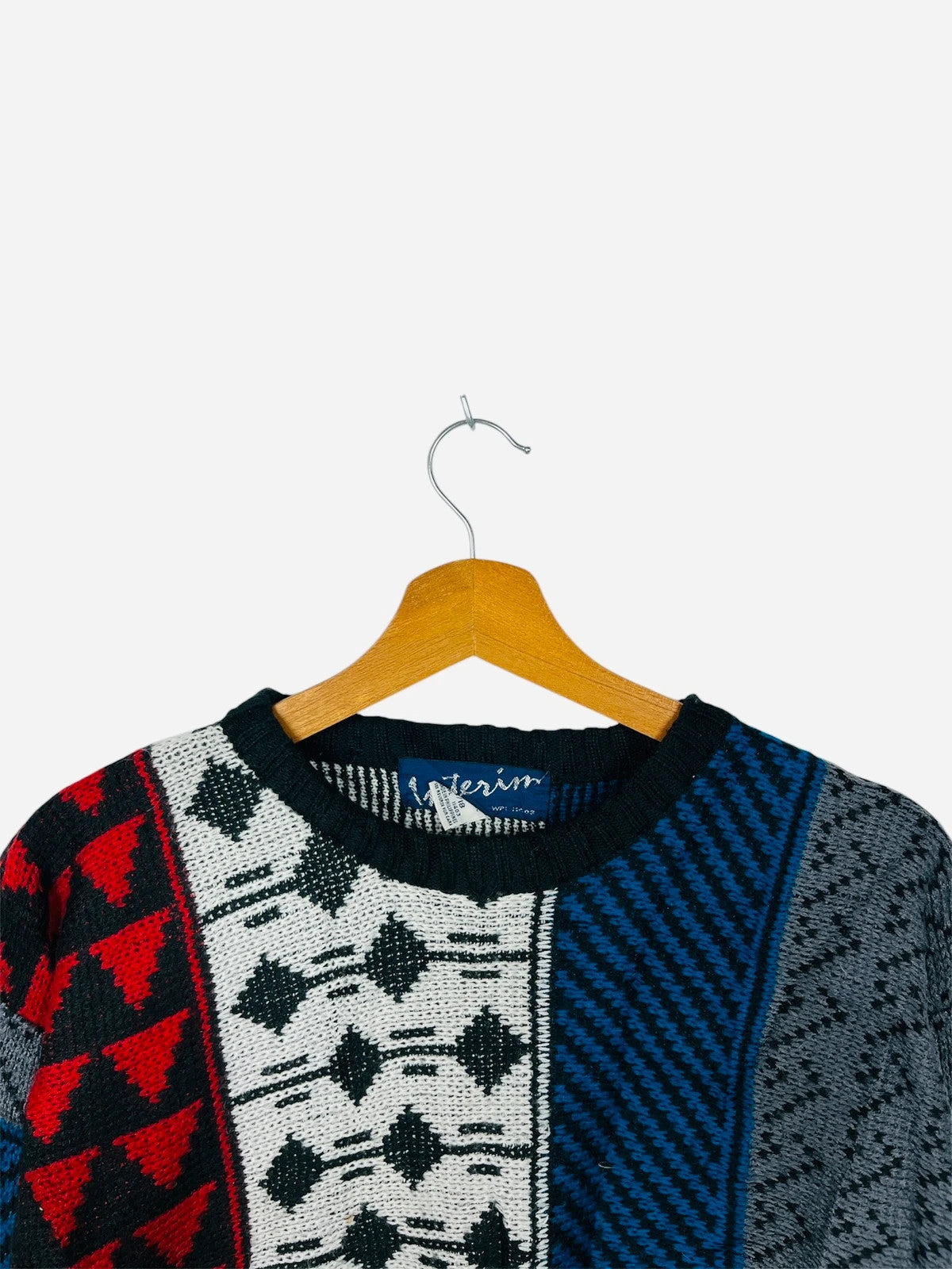 Pull Crewneck Vintage Sweat Bleu, Rouge & Blanc - L (A421)