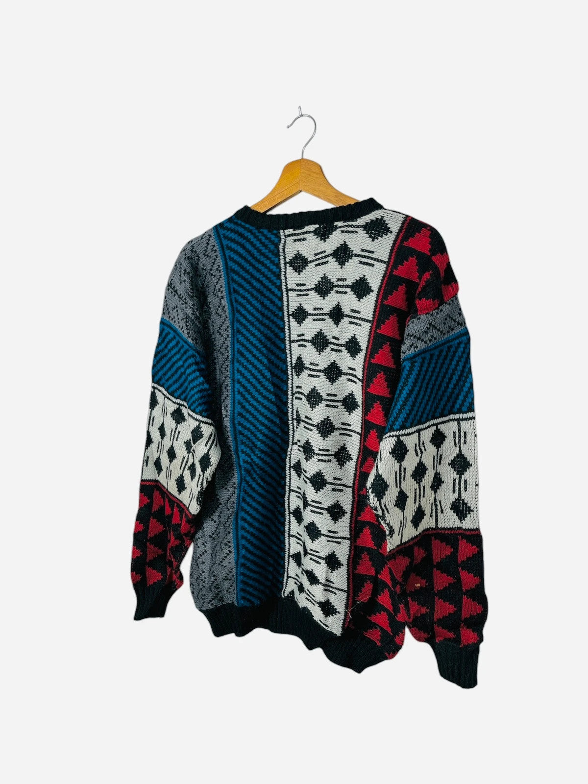 Pull Crewneck Vintage Sweat Bleu, Rouge & Blanc - L (A421)