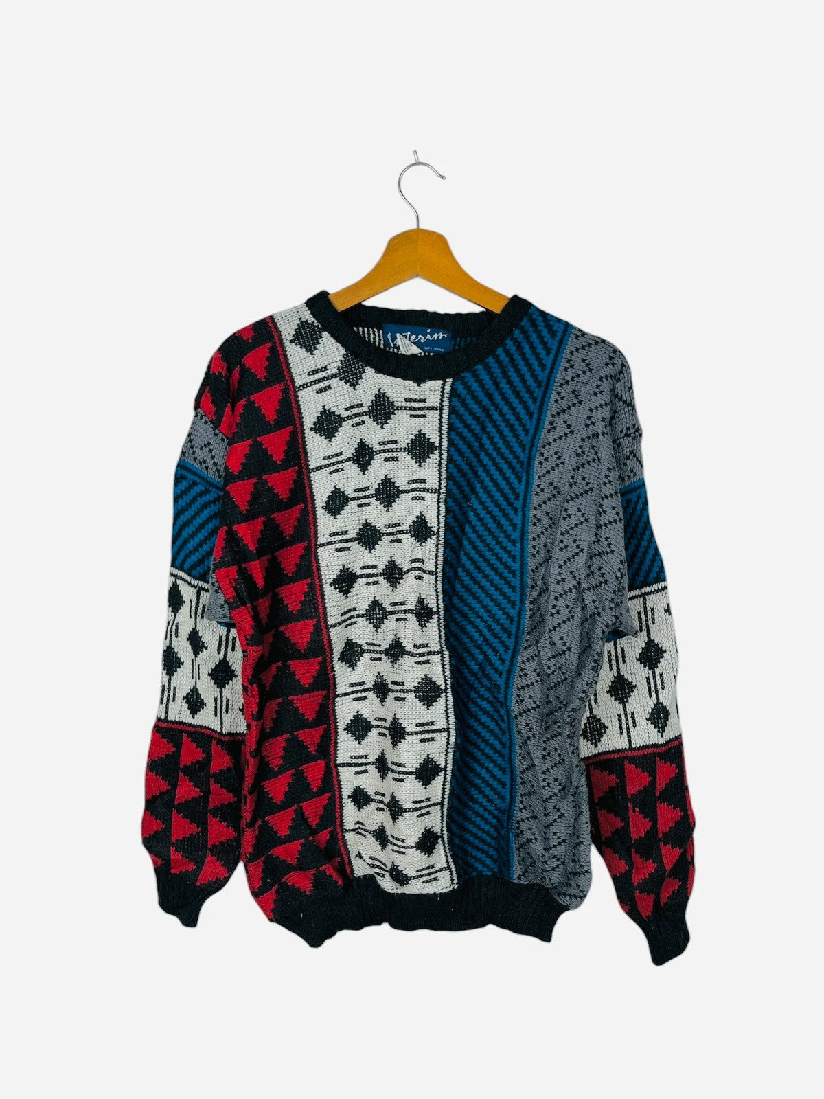 Pull Crewneck Vintage Sweat Bleu, Rouge & Blanc - L (A421)