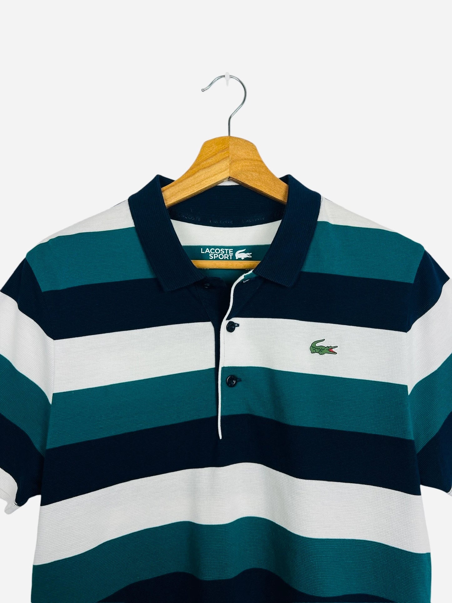 Polo Lacoste Rayé Sport Vintage Blanc & Vert Made in France - S (B102)
