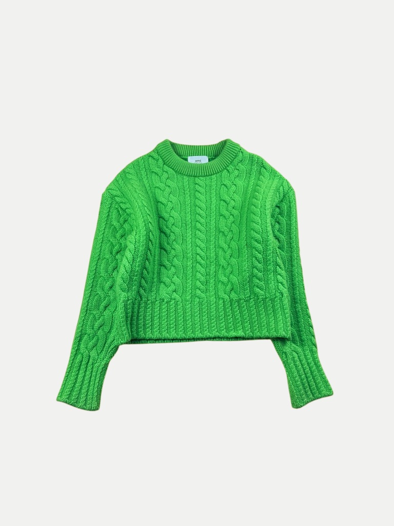 AMI Paris - Pull Vert Lime en Maille Torsadée