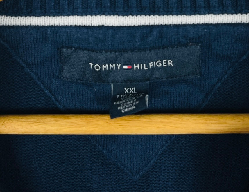 Pull 1/4 Zip Sweat Tommy Hilfiger Y2K Style Bleu Marine Class Vintage - XXL (B129)